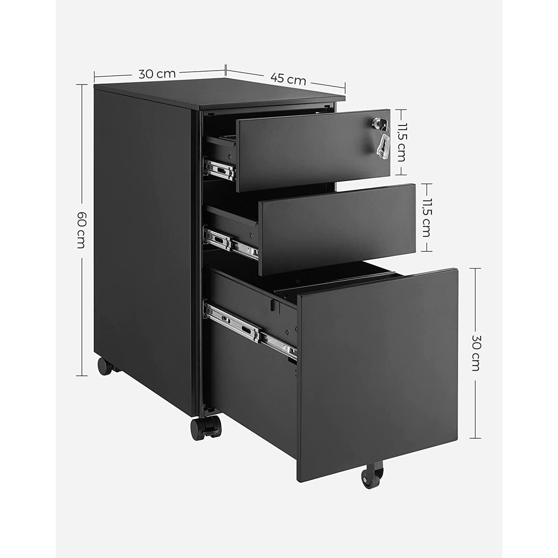 Abschließbarer Büroschrank, Aktenschrank mit 3 Schubladen, schwarz