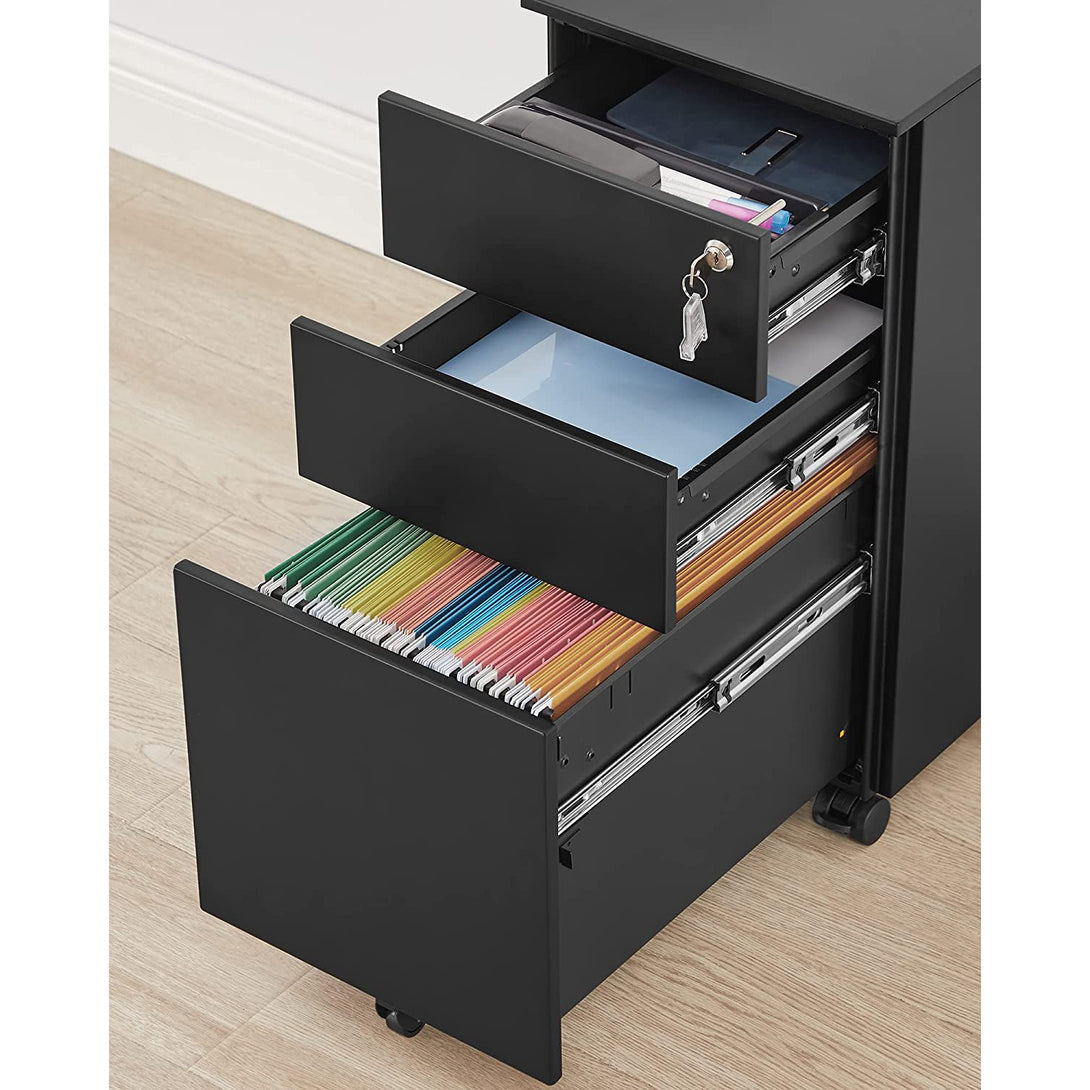 Abschließbarer Büroschrank, Aktenschrank mit 3 Schubladen, schwarz