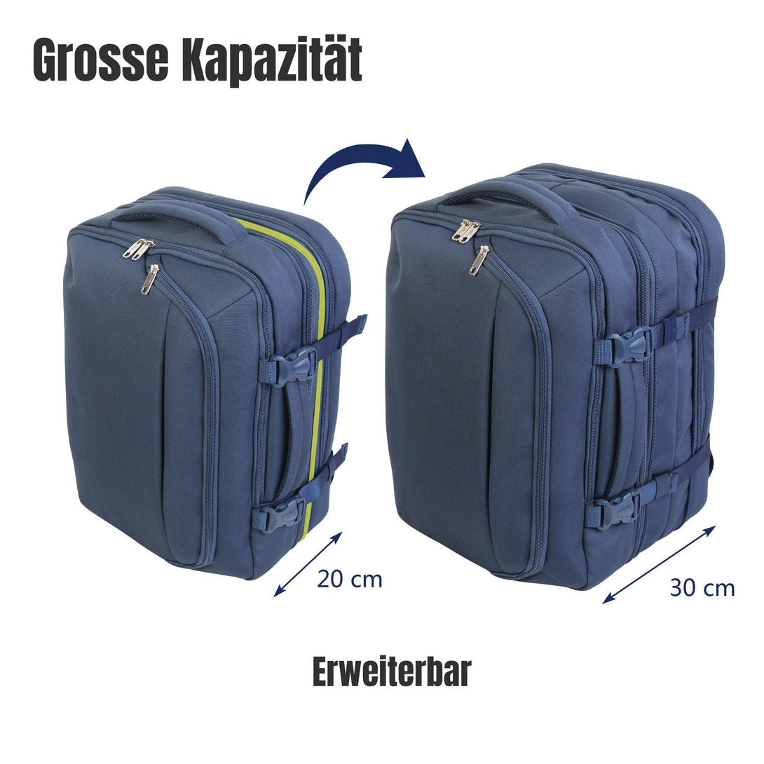 BONTOUR FlexiGo Erweiterbarer Reiserucksack, WizzAir Handgepäck, Blau
