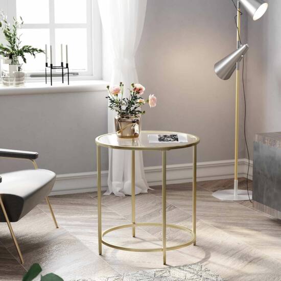 Beistelltisch rund, kleiner Couchtisch aus gehärtetem Glas, gold