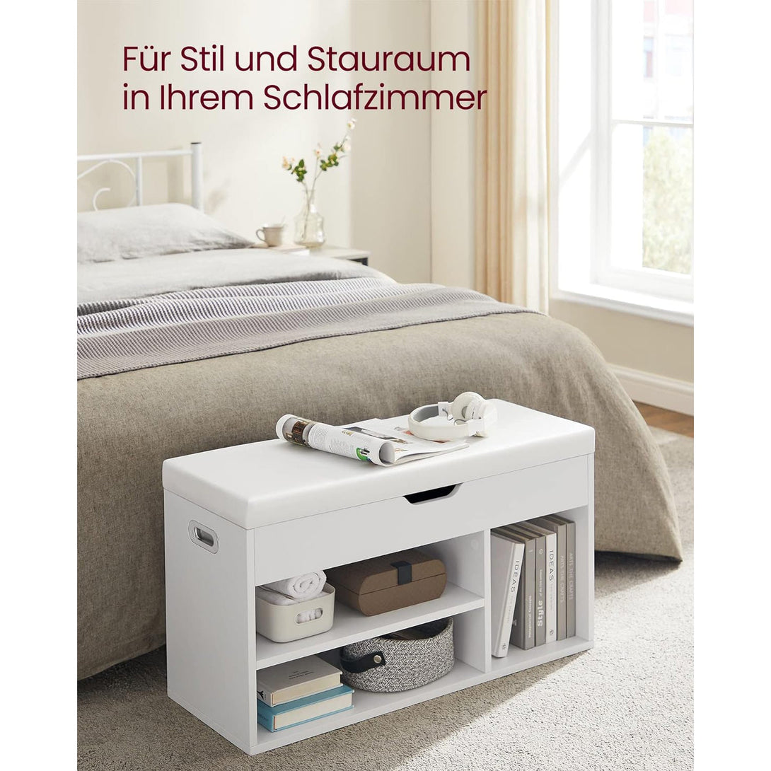 Gepolsterte Schuhbank mit 3 offenen Fächern, Regale für Wohnzimmer, weiß