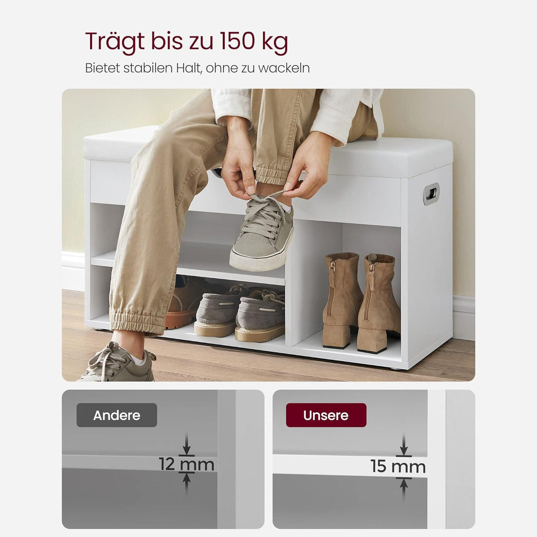Gepolsterte Schuhbank mit 3 offenen Fächern, Regale für Wohnzimmer, weiß