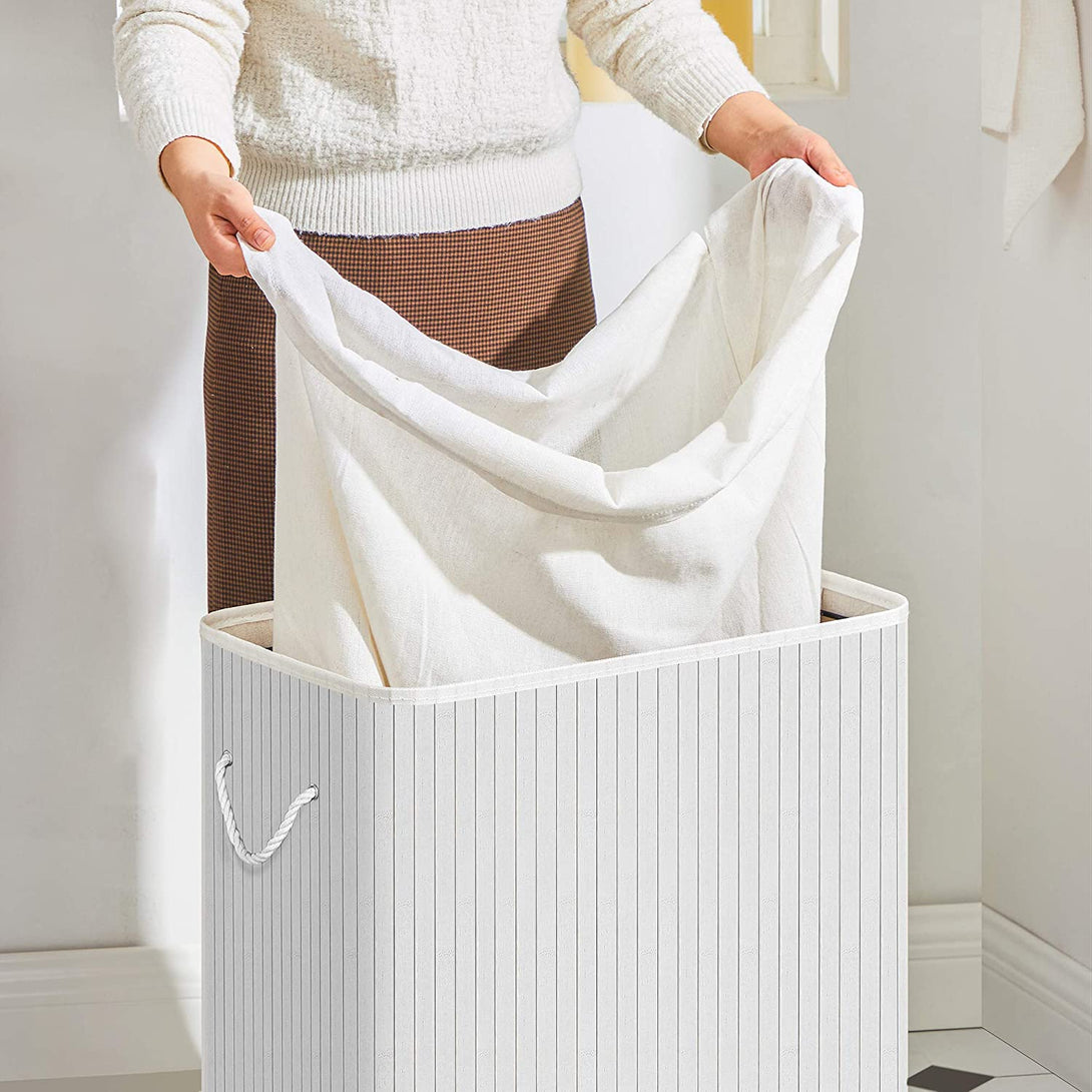 Geteilter Wäschekorb mit Deckel, 2-teilige Wäschesperre aus Bambus, weiss