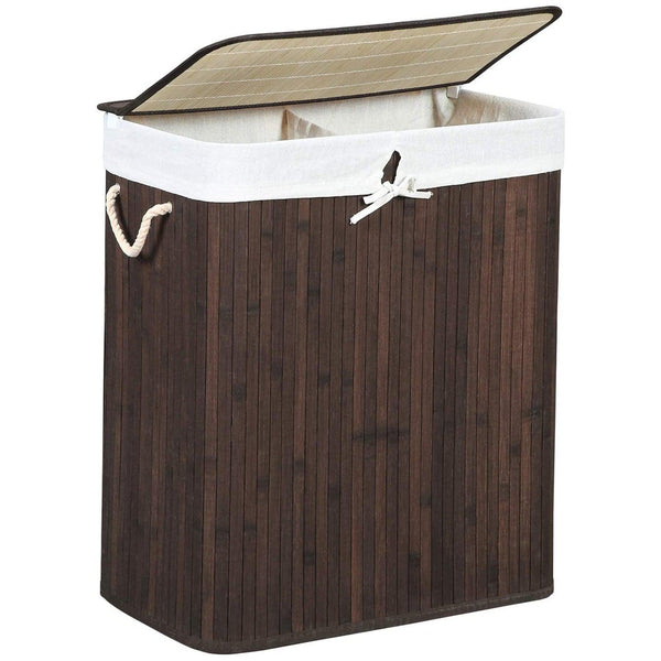 Geteilter Wäschekorb mit Deckel, Bambus-Wäschekorb 2-teilig,100 L, braun