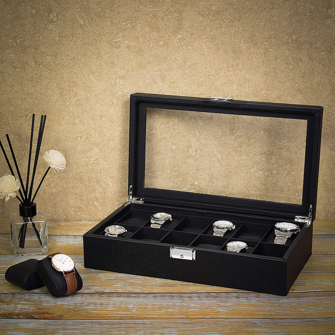Uhrenbox mit 12 Fächern, großer Uhrenkasten mit Glasdeckel, schwarz