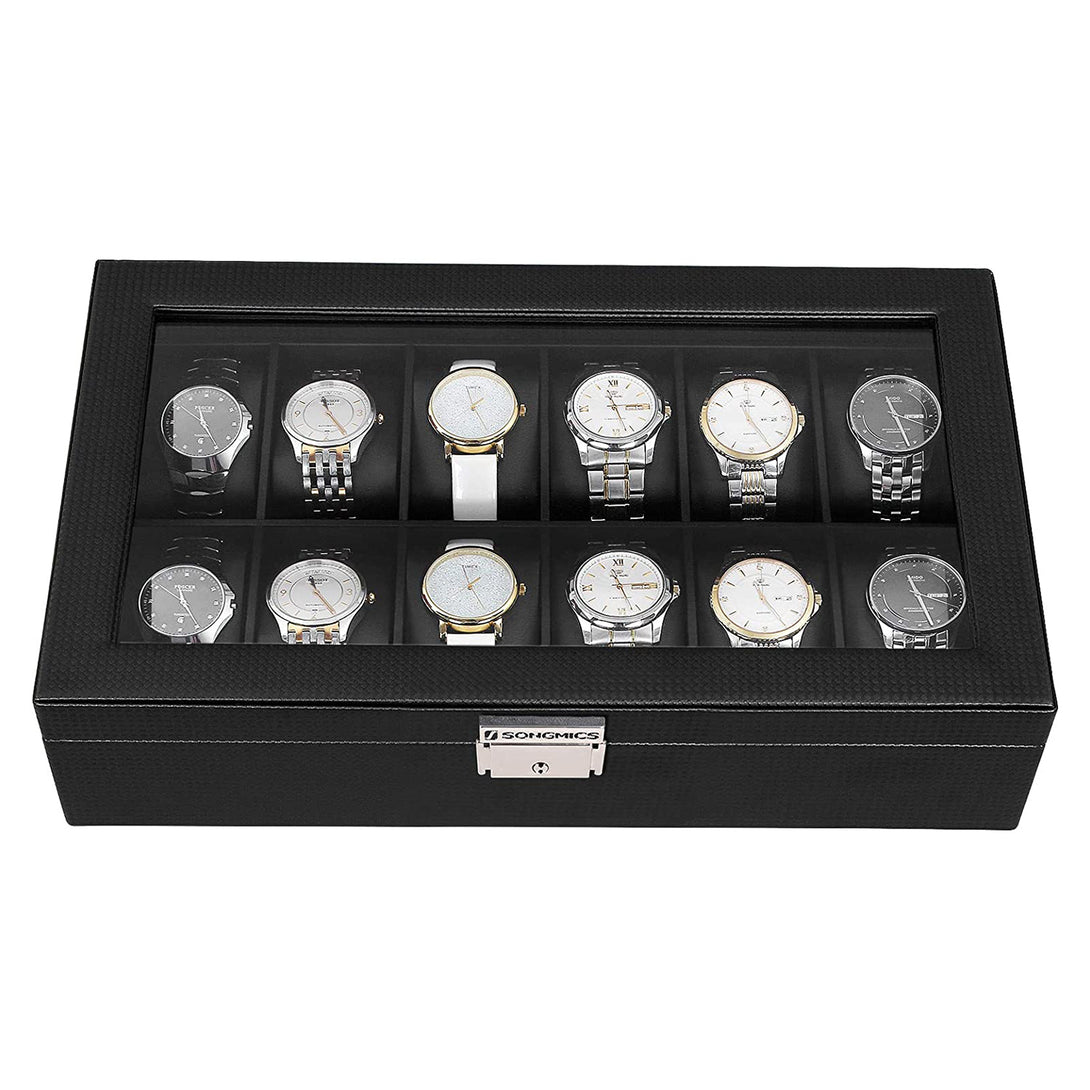 Uhrenbox mit 12 Fächern, großer Uhrenkasten mit Glasdeckel, schwarz