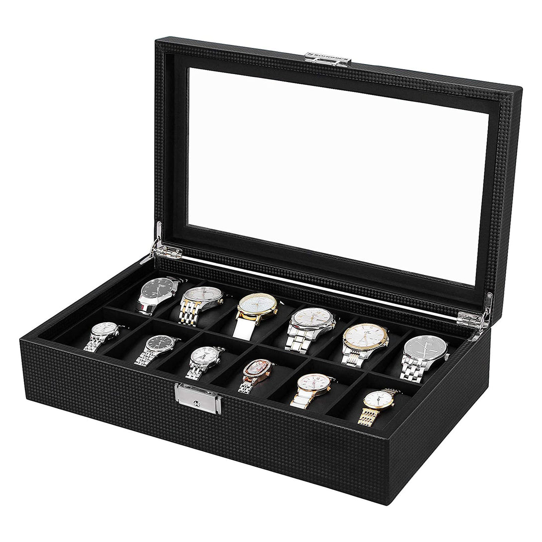 Uhrenbox mit 12 Fächern, großer Uhrenkasten mit Glasdeckel, schwarz