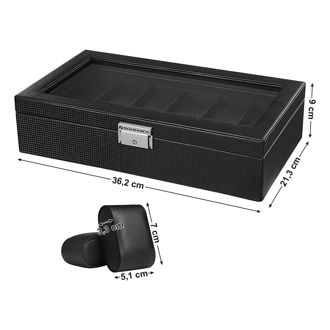Uhrenbox mit 12 Fächern, großer Uhrenkasten mit Glasdeckel, schwarz