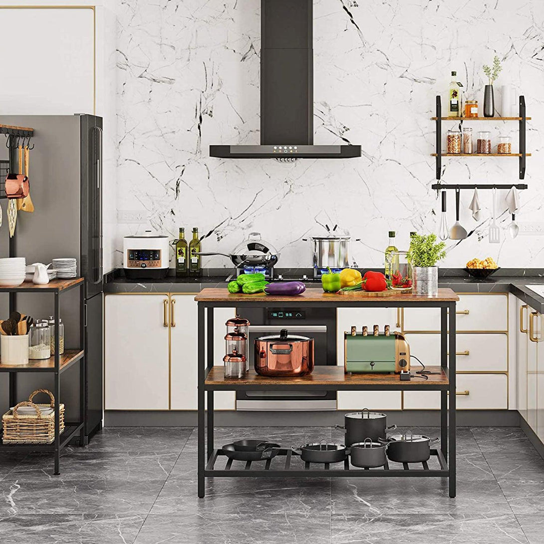 Kücheninsel mit großer Arbeitsplatte, Küchenregal, rustikal braun, schwarz