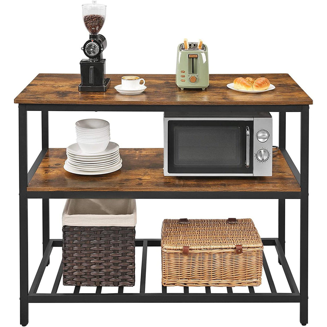 Kücheninsel mit großer Arbeitsplatte, Küchenregal, rustikal braun, schwarz