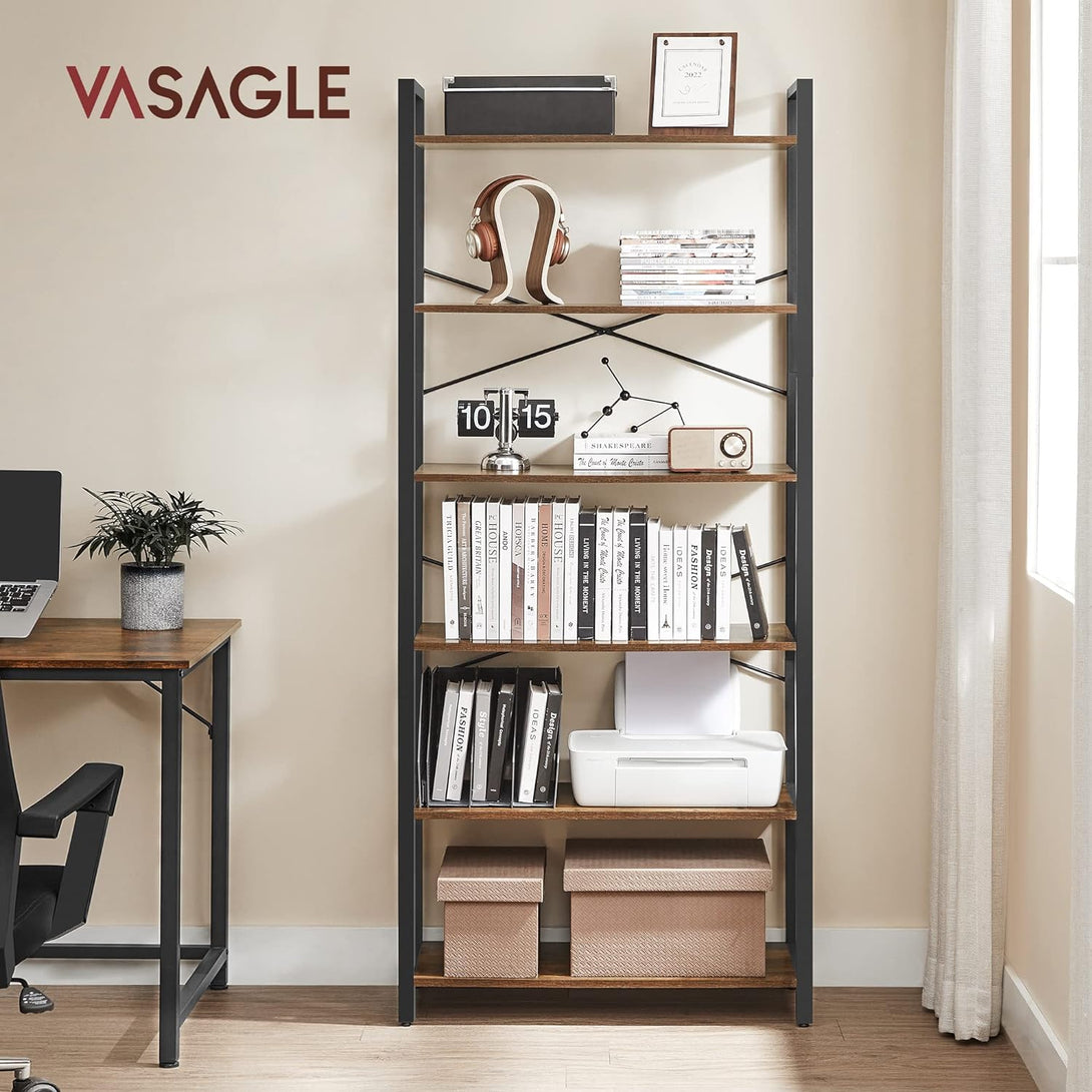 Bücherregal 6 Ebenen, Standregal mit Stahlrahmen, vintagebraun-schwarz