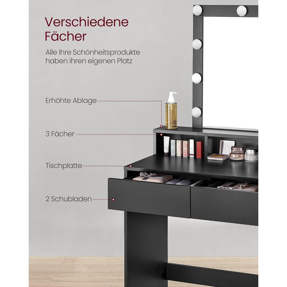 Schminktisch mit LED-Beleuchtung, einstellbare Helligkeit, modern, schwarz