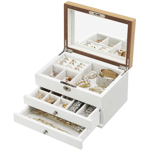 Schmuckschatulle mit 3 Schubladen und Samtfutter, Schmuckkästchen, weiss