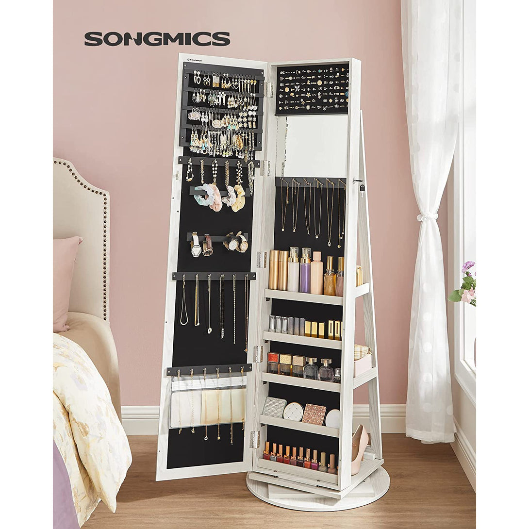 Schmuckschrank Spiegelschrank, weiss mit grauer Holzmaserung,