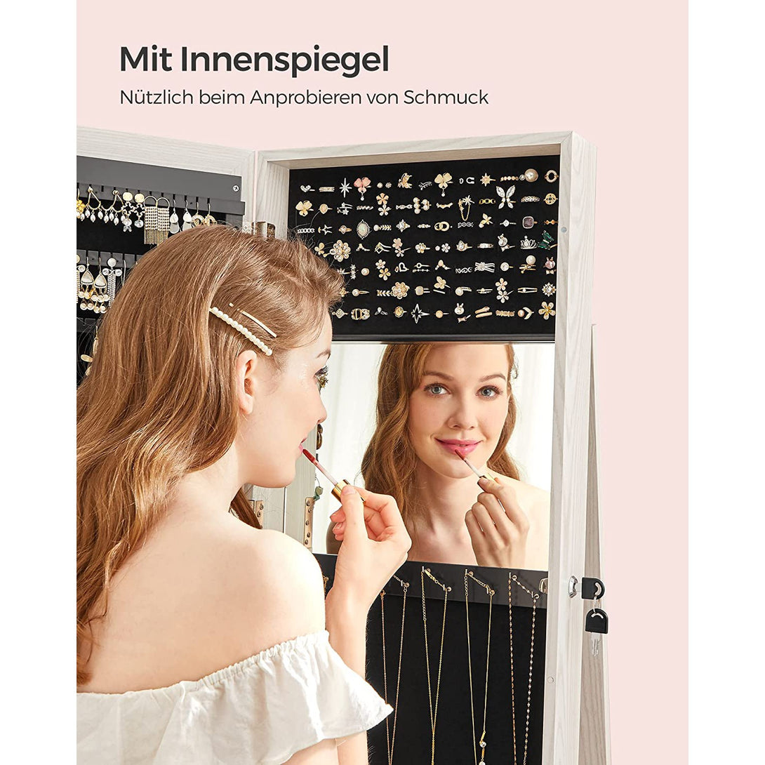 Schmuckschrank Spiegelschrank, weiss mit grauer Holzmaserung,