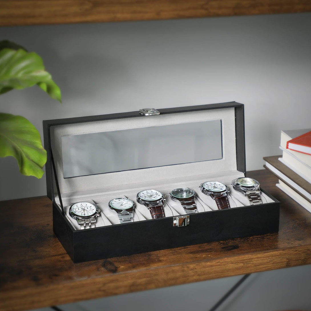Uhrenbox für 6 Stunden, Uhrenbox mit Glasaufsatz, schwarz