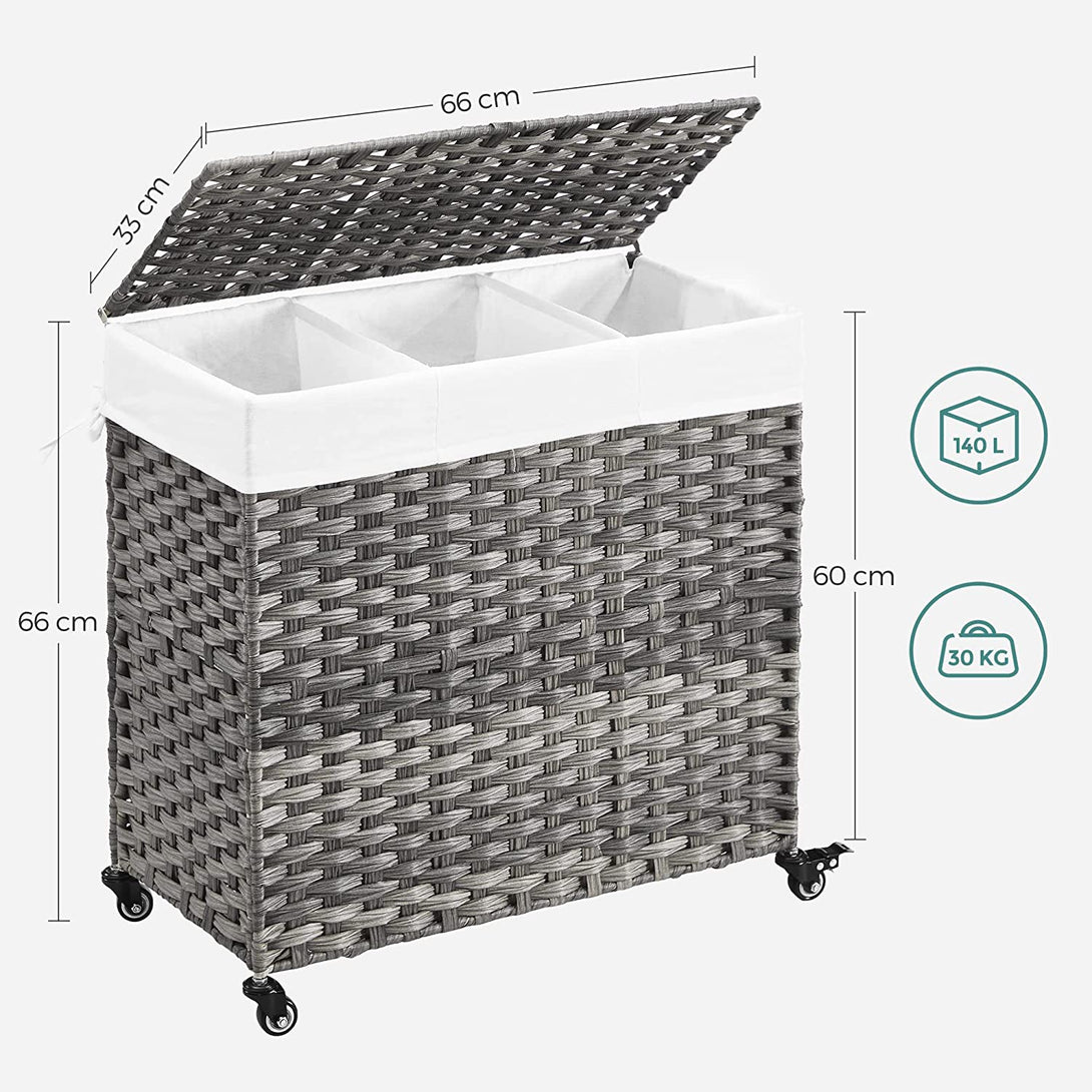 Wäschekorb, 140 l, 3 Fächer, zusammenklappbar,grau