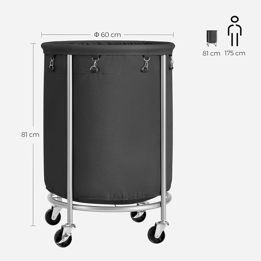 Wäschekorb mit Rollen, 170 Liter, runder Korb mit Stahlrahmen, schwarz-silbern